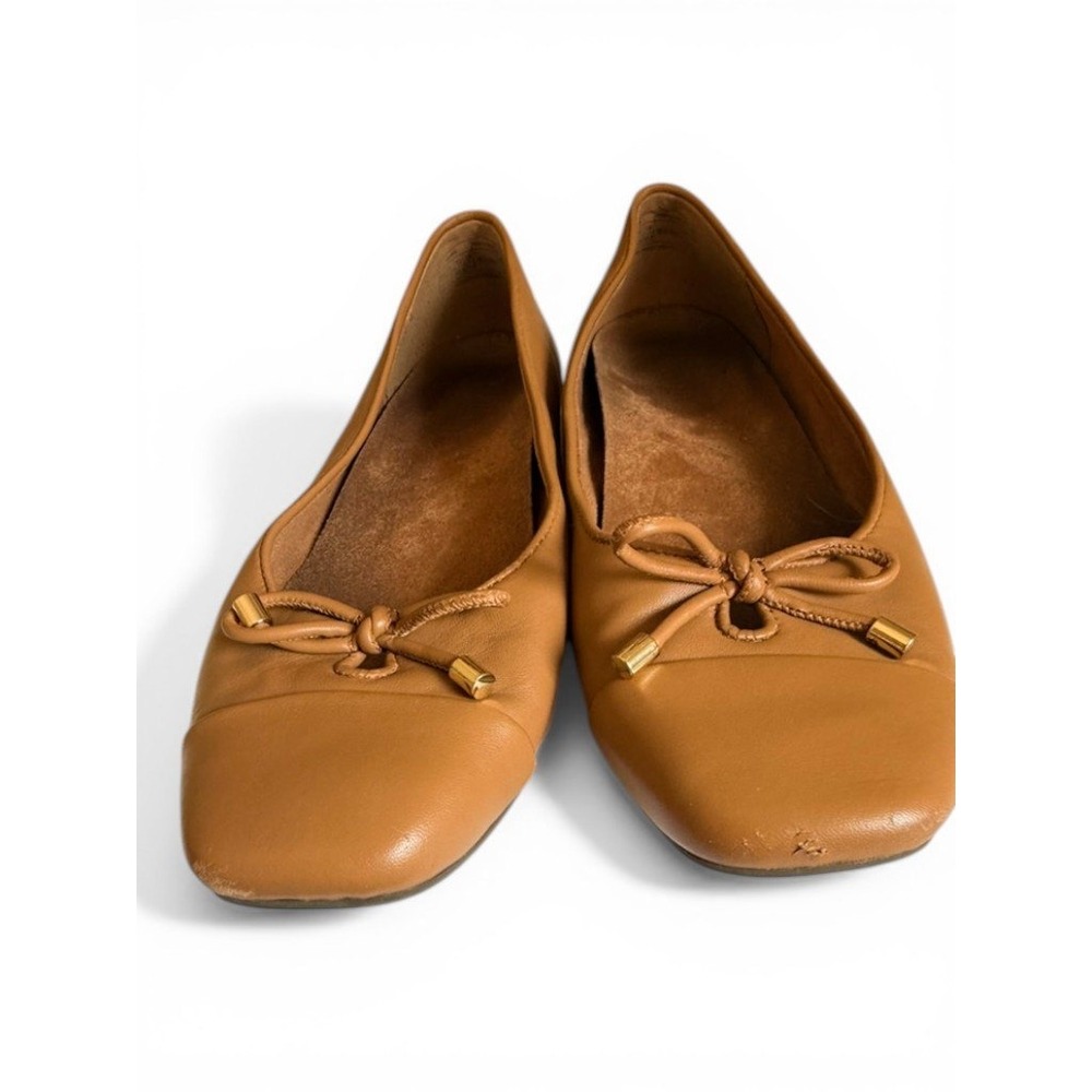 VIONIC Klara Ballet Flats Womens 9.5 Camel Tan Leather Square Toe Bow Orthotic